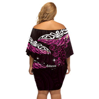 New Zealand Matariki Off Shoulder Short Dress Maori New Year Silver Fern And Lizard - Pink