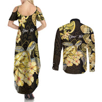 Personalised Aloha Hawaii Oahu Island Couples Matching Summer Maxi Dress and Long Sleeve Button Shirt Gathering Place Sea Turtle Ilima Flowers LT14 - Polynesian Pride