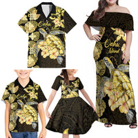 Personalised Aloha Hawaii Oahu Island Family Matching Off Shoulder Maxi Dress and Hawaiian Shirt Gathering Place Sea Turtle Ilima Flowers