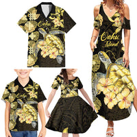 Personalised Aloha Hawaii Oahu Island Family Matching Summer Maxi Dress and Hawaiian Shirt Gathering Place Sea Turtle Ilima Flowers