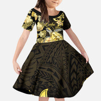 Personalised Aloha Hawaii Oahu Island Kid Short Sleeve Dress Gathering Place Sea Turtle Ilima Flowers LT14 KID Yellow - Polynesian Pride