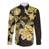 Personalised Aloha Hawaii Oahu Island Long Sleeve Button Shirt Gathering Place Sea Turtle Ilima Flowers LT14 Unisex Yellow - Polynesian Pride