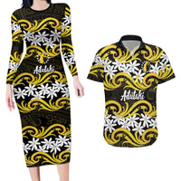 Personalised Cook Islands Aitutaki Couples Matching Long Sleeve Bodycon Dress and Hawaiian Shirt Tiare Maori Polynesian Waves Tattoo