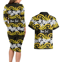 Personalised Cook Islands Aitutaki Couples Matching Long Sleeve Bodycon Dress and Hawaiian Shirt Tiare Maori Polynesian Waves Tattoo