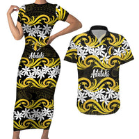 Personalised Cook Islands Aitutaki Couples Matching Short Sleeve Bodycon Dress and Hawaiian Shirt Tiare Maori Polynesian Waves Tattoo