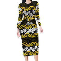 Personalised Cook Islands Aitutaki Family Matching Long Sleeve Bodycon Dress and Hawaiian Shirt Tiare Maori Polynesian Waves Tattoo