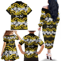 Personalised Cook Islands Aitutaki Family Matching Off The Shoulder Long Sleeve Dress and Hawaiian Shirt Tiare Maori Polynesian Waves Tattoo