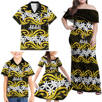 Personalised Cook Islands Aitutaki Family Matching Off Shoulder Maxi Dress and Hawaiian Shirt Tiare Maori Polynesian Waves Tattoo