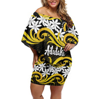 Personalised Cook Islands Aitutaki Off Shoulder Short Dress Tiare Maori Polynesian Waves Tattoo LT14 Women Yellow - Polynesian Pride