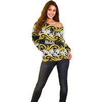 Personalised Cook Islands Aitutaki Off Shoulder Sweater Tiare Maori Polynesian Waves Tattoo LT14 - Polynesian Pride