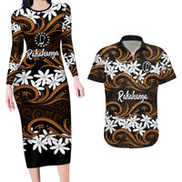 Personalised Cook Islands Rakahanga Couples Matching Long Sleeve Bodycon Dress and Hawaiian Shirt Tiare Maori Polynesian Waves Tattoo