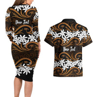 Personalised Cook Islands Rakahanga Couples Matching Long Sleeve Bodycon Dress and Hawaiian Shirt Tiare Maori Polynesian Waves Tattoo