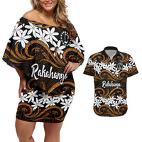 Personalised Cook Islands Rakahanga Couples Matching Off Shoulder Short Dress and Hawaiian Shirt Tiare Maori Polynesian Waves Tattoo