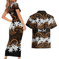 Personalised Cook Islands Rakahanga Couples Matching Short Sleeve Bodycon Dress and Hawaiian Shirt Tiare Maori Polynesian Waves Tattoo