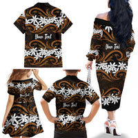 Personalised Cook Islands Rakahanga Family Matching Off The Shoulder Long Sleeve Dress and Hawaiian Shirt Tiare Maori Polynesian Waves Tattoo