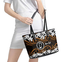 Personalised Cook Islands Rakahanga Leather Tote Bag Tiare Maori Polynesian Waves Tattoo LT14 - Polynesian Pride