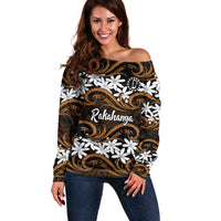 Personalised Cook Islands Rakahanga Off Shoulder Sweater Tiare Maori Polynesian Waves Tattoo LT14 Women Orange - Polynesian Pride