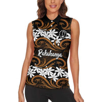 Personalised Cook Islands Rakahanga Women Sleeveless Polo Shirt Tiare Maori Polynesian Waves Tattoo