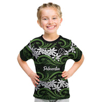 Personalised Cook Islands Palmerston Kid T Shirt Tiare Maori Polynesian Waves Tattoo LT14 Green - Polynesian Pride