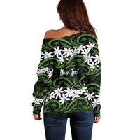 Personalised Cook Islands Palmerston Off Shoulder Sweater Tiare Maori Polynesian Waves Tattoo LT14 - Polynesian Pride