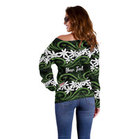 Personalised Cook Islands Palmerston Off Shoulder Sweater Tiare Maori Polynesian Waves Tattoo LT14 - Polynesian Pride