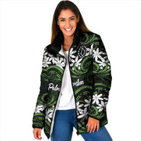 Personalised Cook Islands Palmerston Padded Jacket Tiare Maori Polynesian Waves Tattoo LT14 Women Green - Polynesian Pride