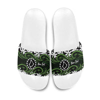 Personalised Cook Islands Palmerston Slide Sandals Tiare Maori Polynesian Waves Tattoo LT14 Green - Polynesian Pride