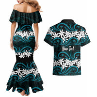 Personalised Cook Islands Penrhyn Atoll Couples Matching Mermaid Dress and Hawaiian Shirt Tiare Maori Polynesian Waves Tattoo