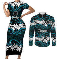 Personalised Cook Islands Penrhyn Atoll Couples Matching Short Sleeve Bodycon Dress and Long Sleeve Button Shirt Tiare Maori Polynesian Waves Tattoo