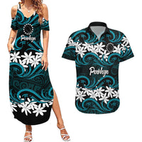 Personalised Cook Islands Penrhyn Atoll Couples Matching Summer Maxi Dress and Hawaiian Shirt Tiare Maori Polynesian Waves Tattoo