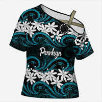 Personalised Cook Islands Penrhyn Atoll Cross Shoulder Shirt Tiare Maori Polynesian Waves Tattoo LT14 Female Blue - Polynesian Pride
