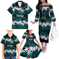 Personalised Cook Islands Penrhyn Atoll Family Matching Off The Shoulder Long Sleeve Dress and Hawaiian Shirt Tiare Maori Polynesian Waves Tattoo