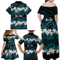 Personalised Cook Islands Penrhyn Atoll Family Matching Off Shoulder Maxi Dress and Hawaiian Shirt Tiare Maori Polynesian Waves Tattoo