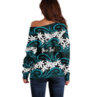 Personalised Cook Islands Penrhyn Atoll Off Shoulder Sweater Tiare Maori Polynesian Waves Tattoo LT14 - Polynesian Pride