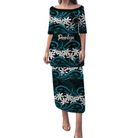 Personalised Cook Islands Penrhyn Atoll Puletasi Tiare Maori Polynesian Waves Tattoo LT14 Long Dress Blue - Polynesian Pride