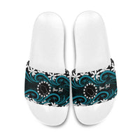 Personalised Cook Islands Penrhyn Atoll Slide Sandals Tiare Maori Polynesian Waves Tattoo LT14 Blue - Polynesian Pride