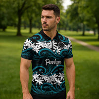 Personalised Cook Islands Penrhyn Atoll Zipper Polo Shirt Tiare Maori Polynesian Waves Tattoo