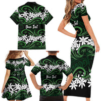 Personalised Cook Islands Mitiaro Family Matching Short Sleeve Bodycon Dress and Hawaiian Shirt Tiare Maori Polynesian Waves Tattoo