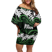 Personalised Cook Islands Mitiaro Off Shoulder Short Dress Tiare Maori Polynesian Waves Tattoo LT14 Women Green - Polynesian Pride