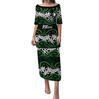 Personalised Cook Islands Mitiaro Puletasi Tiare Maori Polynesian Waves Tattoo LT14 Long Dress Green - Polynesian Pride