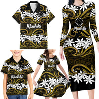 Personalised Cook Islands Manihiki Family Matching Long Sleeve Bodycon Dress and Hawaiian Shirt Tiare Maori Polynesian Waves Tattoo