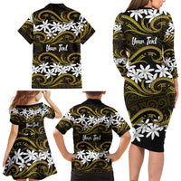 Personalised Cook Islands Manihiki Family Matching Long Sleeve Bodycon Dress and Hawaiian Shirt Tiare Maori Polynesian Waves Tattoo