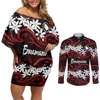 Personalised Cook Islands Atiu Enuamanu Couples Matching Off Shoulder Short Dress and Long Sleeve Button Shirt Tiare Maori Polynesian Waves Tattoo