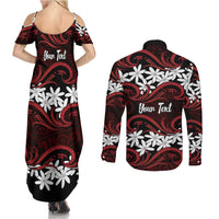 Personalised Cook Islands Atiu Enuamanu Couples Matching Summer Maxi Dress and Long Sleeve Button Shirt Tiare Maori Polynesian Waves Tattoo