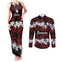 Personalised Cook Islands Atiu Enuamanu Couples Matching Tank Maxi Dress and Long Sleeve Button Shirt Tiare Maori Polynesian Waves Tattoo
