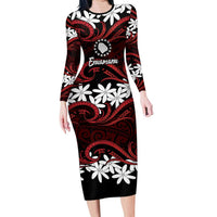 Personalised Cook Islands Atiu Enuamanu Family Matching Long Sleeve Bodycon Dress and Hawaiian Shirt Tiare Maori Polynesian Waves Tattoo