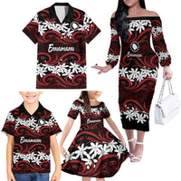 Personalised Cook Islands Atiu Enuamanu Family Matching Off The Shoulder Long Sleeve Dress and Hawaiian Shirt Tiare Maori Polynesian Waves Tattoo