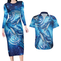New Zealand Humpback Whale Matariki Couples Matching Long Sleeve Bodycon Dress and Hawaiian Shirt Maori New Year Taniko Niho Taniwha