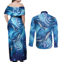 New Zealand Humpback Whale Matariki Couples Matching Off Shoulder Maxi Dress and Long Sleeve Button Shirt Maori New Year Taniko Niho Taniwha