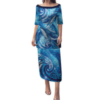 New Zealand Humpback Whale Matariki Puletasi Maori New Year Taniko Niho Taniwha LT14 Long Dress Blue - Polynesian Pride